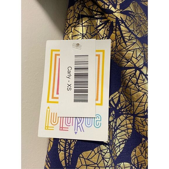 LuLuRoe Womens CARLY Swing Dress Short Sleeve Blue Gold Metallic Hi Lo XS NEW - Picture 4 of 5